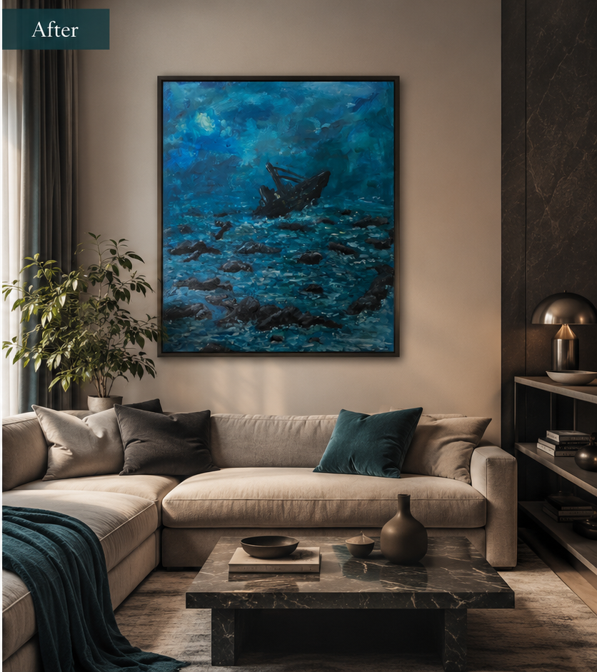 Living room transformed by a custom Chaya Friedman painting.